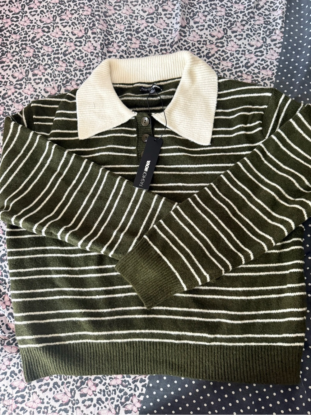 Striped Olive & Cream Collared women’s Sweater